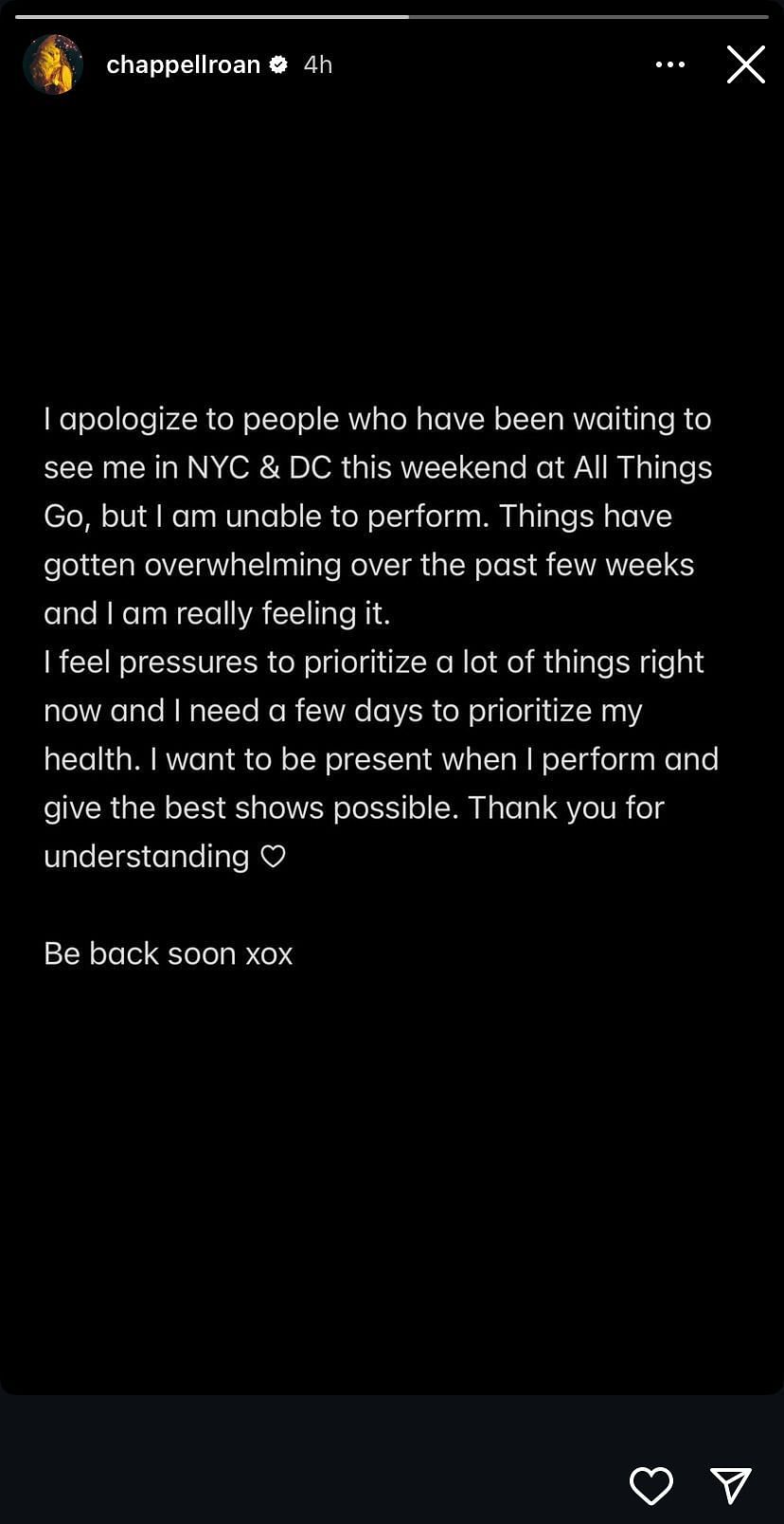 Chappell Roan says she is overwhelmed as she announces her inability to perform at All Things Go festival (Image via @chappellroan_/Instagram)