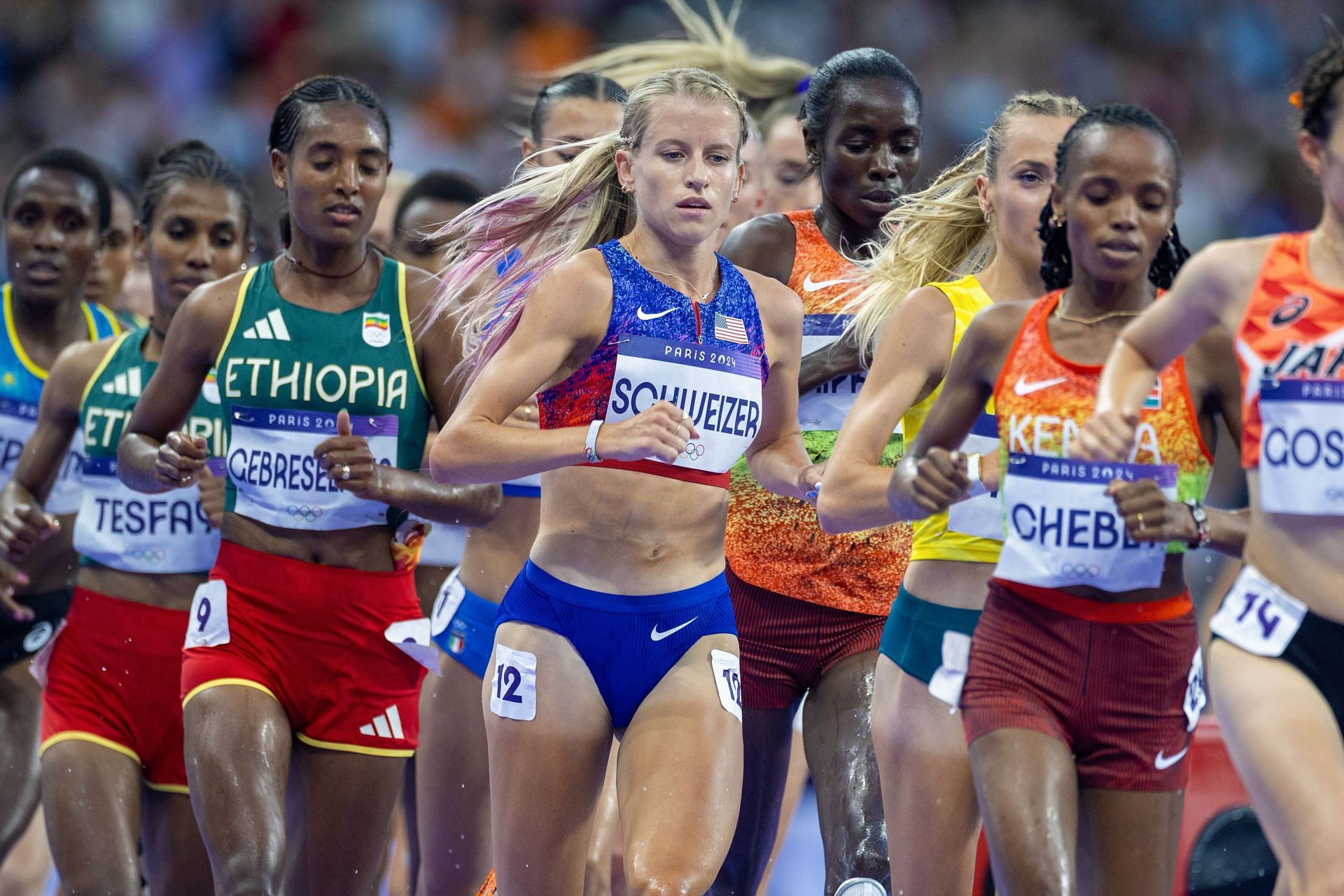 Karissa Schweizer in action in the Women&#039;s 10,000m Final during the Athletics Competition at the Stade de France during the 2024 Summer Olympic Games in Paris, France. (Photo via Getty Images)