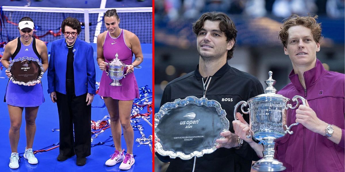 Jessica Pegula, Billie Jean King and Aryna Sabalenka (L), Taylor Fritz and Jannik Sinner (R) | Getty