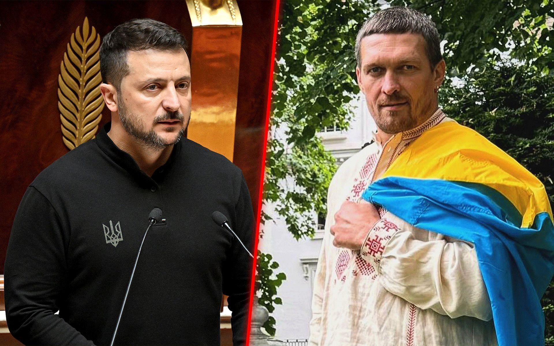 Volodymyr Zelensky (left) reacts to Oleksandr Usyk