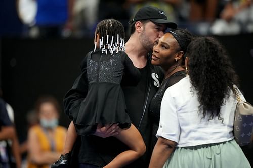 Serena Williams pictured with her husband Alexis Ohanian and elder daughter Olympia at the 2022 US Open | Image Source: Getty