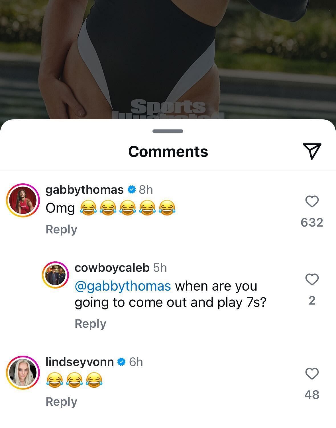 Gabby Thomas and Lindsey Vonn react to Ilona Maher&#039;s post [Image Source: Instagram@ilonamaher]