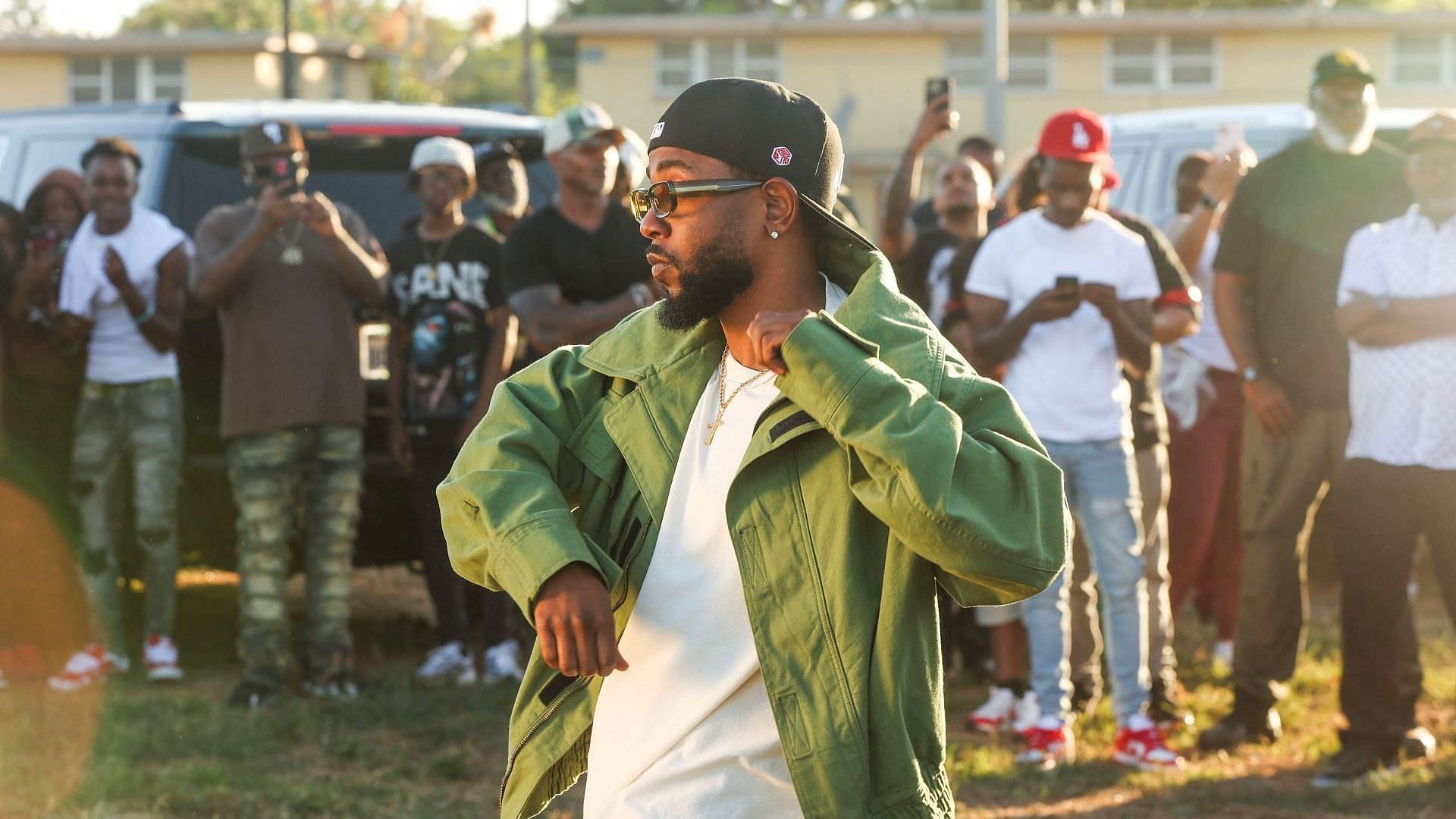 Kendrick Lamar dances during the music video shoot for &quot;Not Like Us&quot; at Nickerson Gardens on Saturday, June 22, 2024 in Watts, CA. (Michael Blackshire / Los Angeles Times via Getty Images)