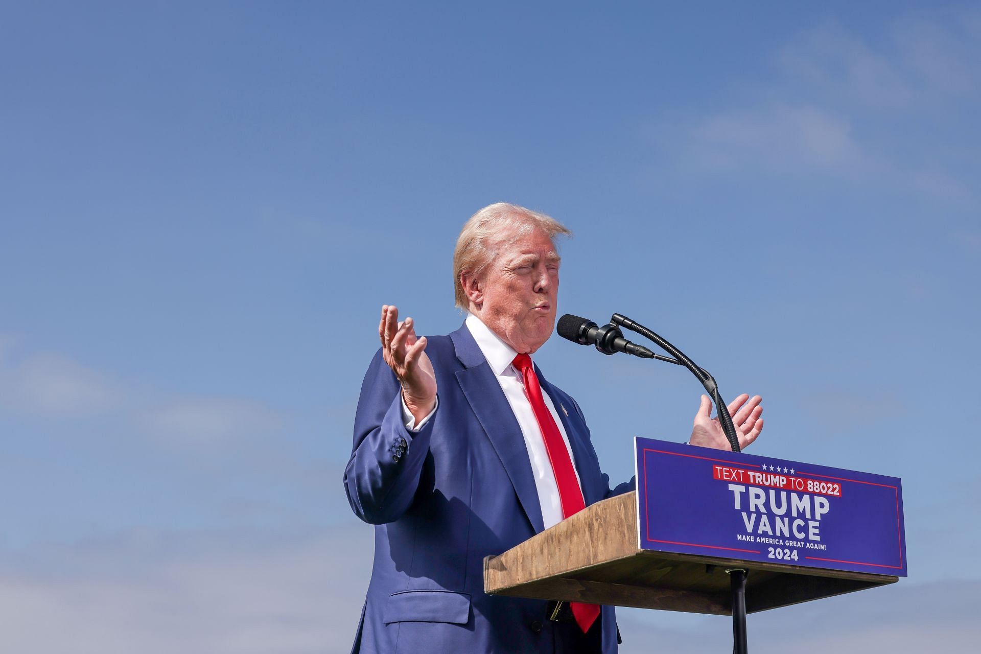 Former President Donald J. Trump speaks at a press conference at his Trump National Golf Course... - Source: Getty