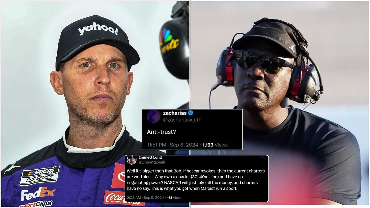 Denny Hamlin and Michael Jordan (from Left). Credit: Getty Images. Fan reactions by x.com/zachariasx_eth (above) and x.com/EmmettLong8 (below)