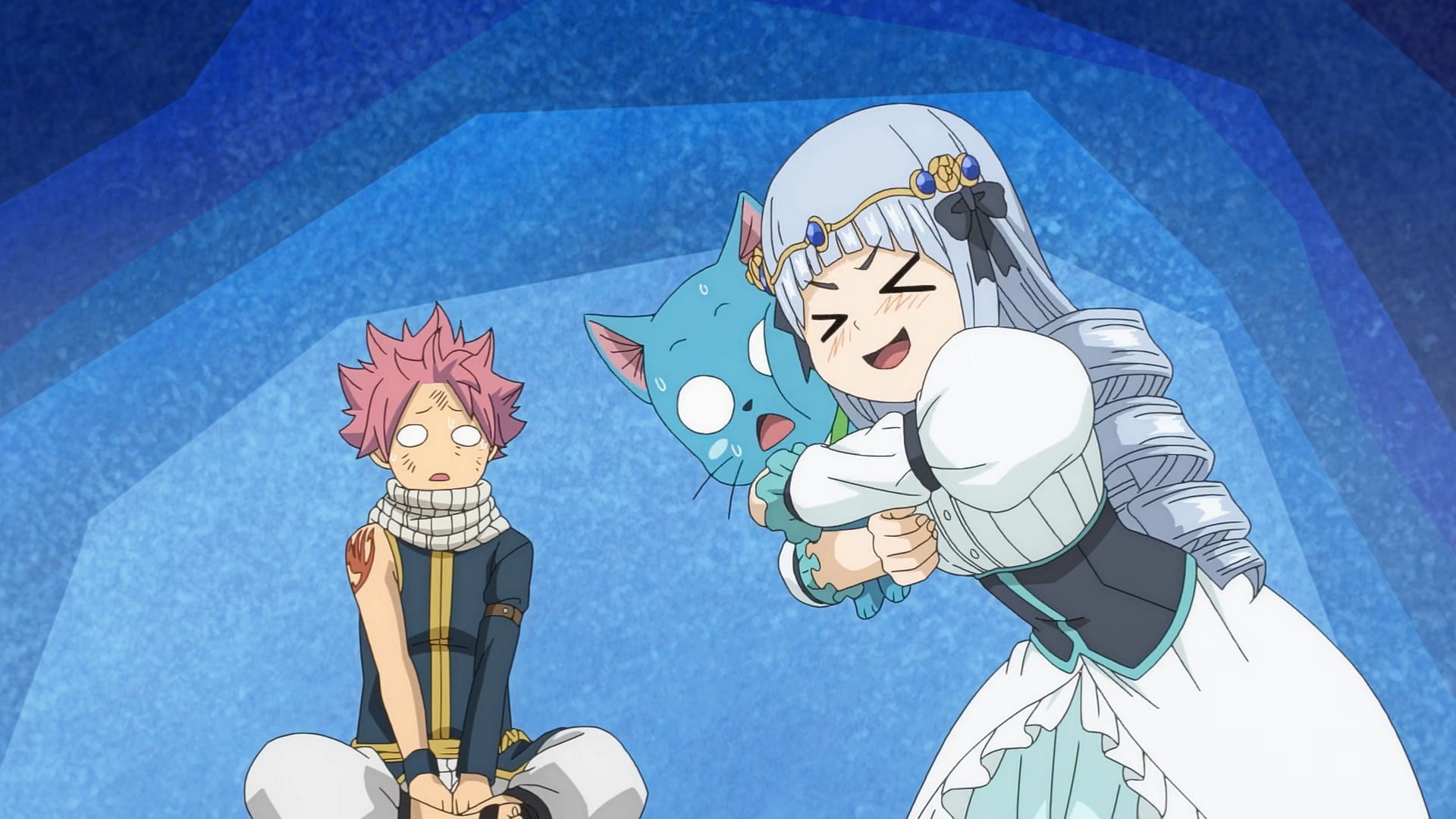 Touka meets Natsu and Happy in Fairy Tail 100 Years Quest episode 13 (Image via J.C. Staff)