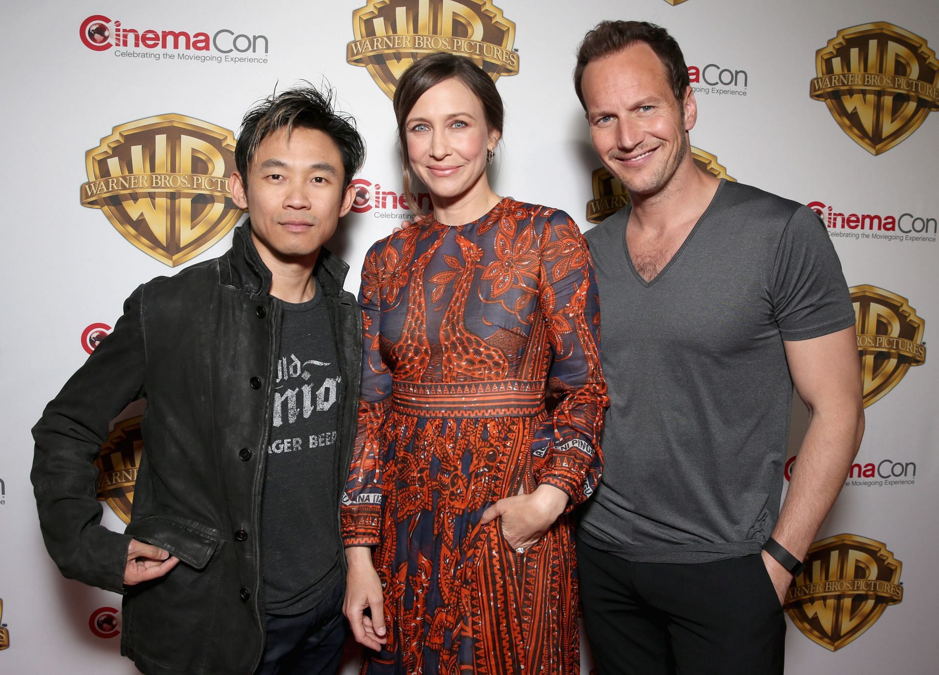 Director James Wan, and actors Vera Farmiga and Patrick Wilson at CinemaCon 2016 for *The Conjuring 2*. (Image via Getty/Todd Williamson)