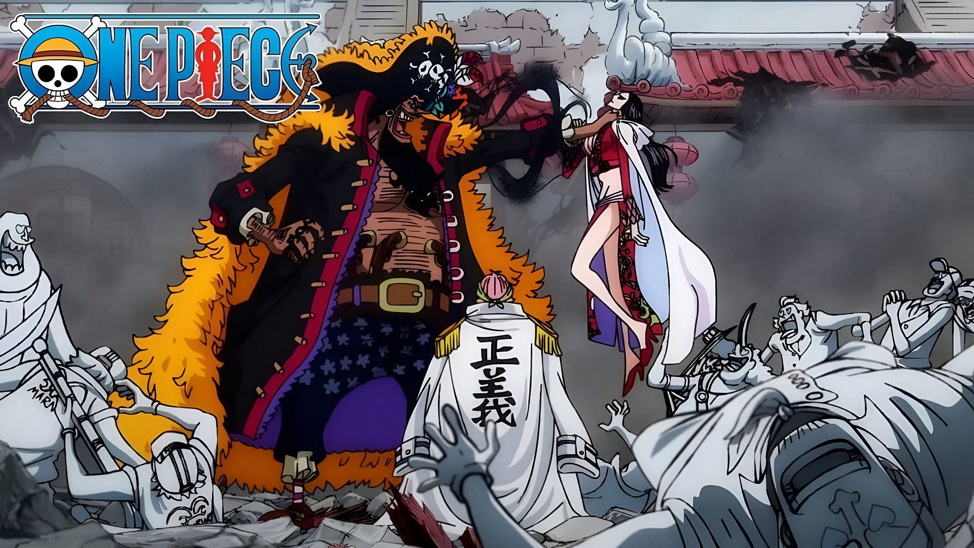 The Blackbeard Pirates raiding Amazon Lily (Image via Toei Animation)