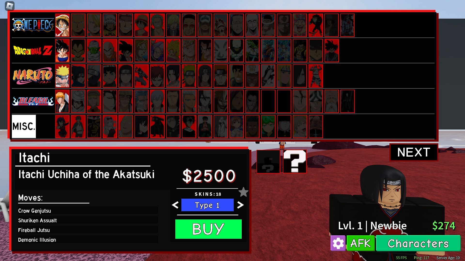 There are various Naruto characters in ABA (Image via Roblox)