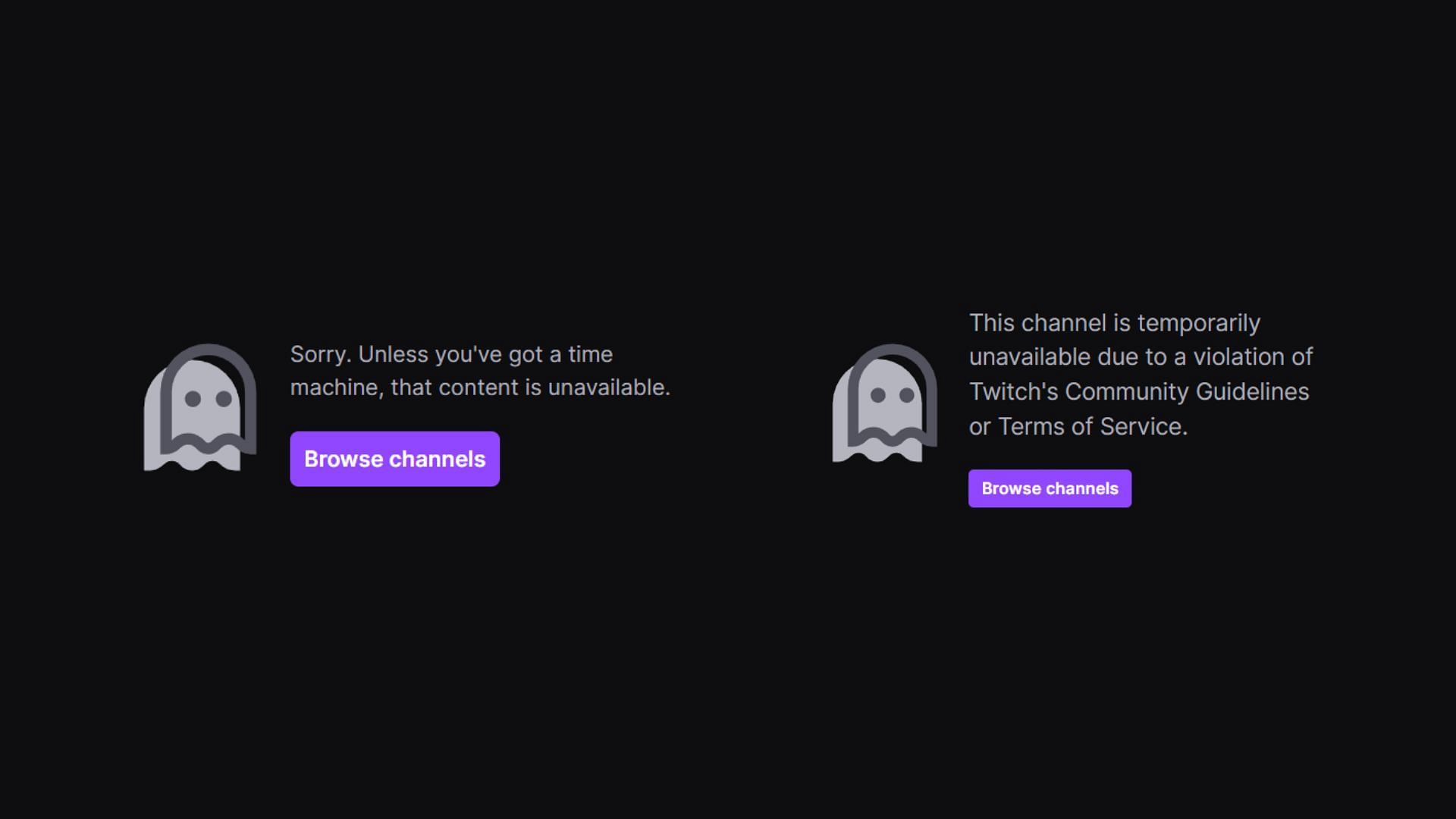 Messages displayed when attempting to visit channels of JasonTheWeen (left) and Adapt (right) (Image via JasonTheWeen and Adapt/Twitch)