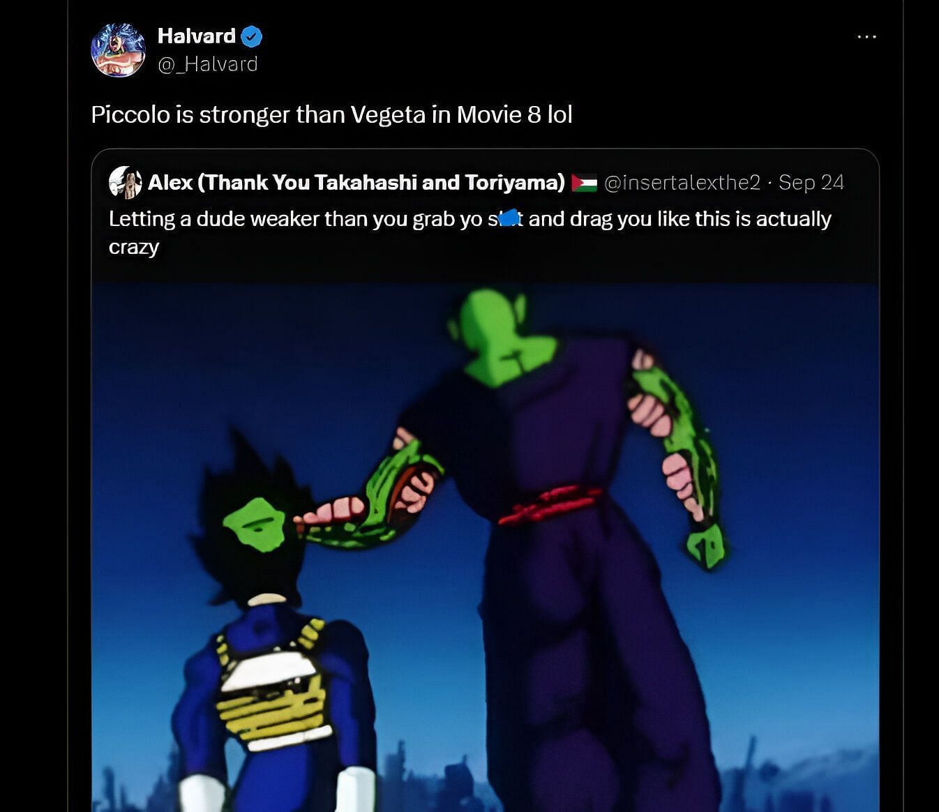 he tweet claiming Piccolo&#039;s superiority over Vegeta (Image via X/@_Halvard)