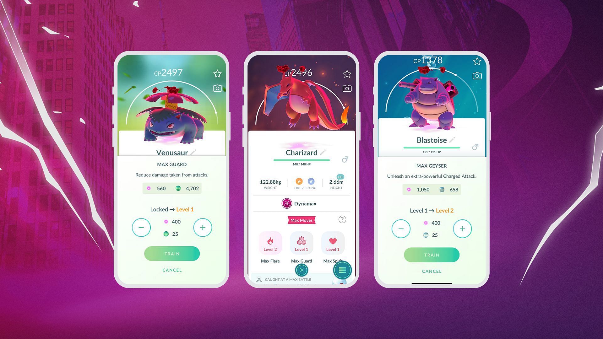 Dynamax fully-evolved Kanto starters in Pokemon GO (Image via Niantic)