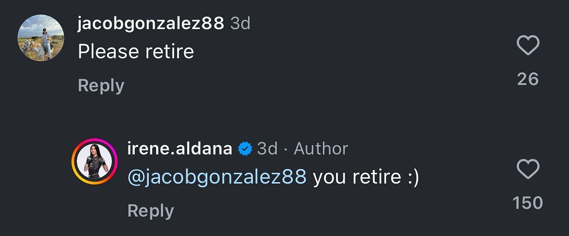 A screenshot of Irene Aldana&#039;s response to a fan comment