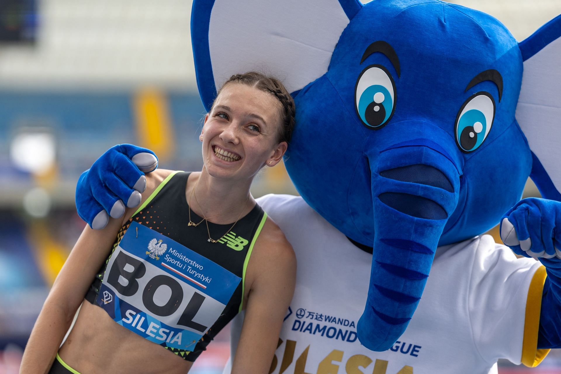 Femke Bol celebrates winning on the 400m Hurdles Women during the Diamond League in Chorzow, Poland. (Photo via Getty Images)