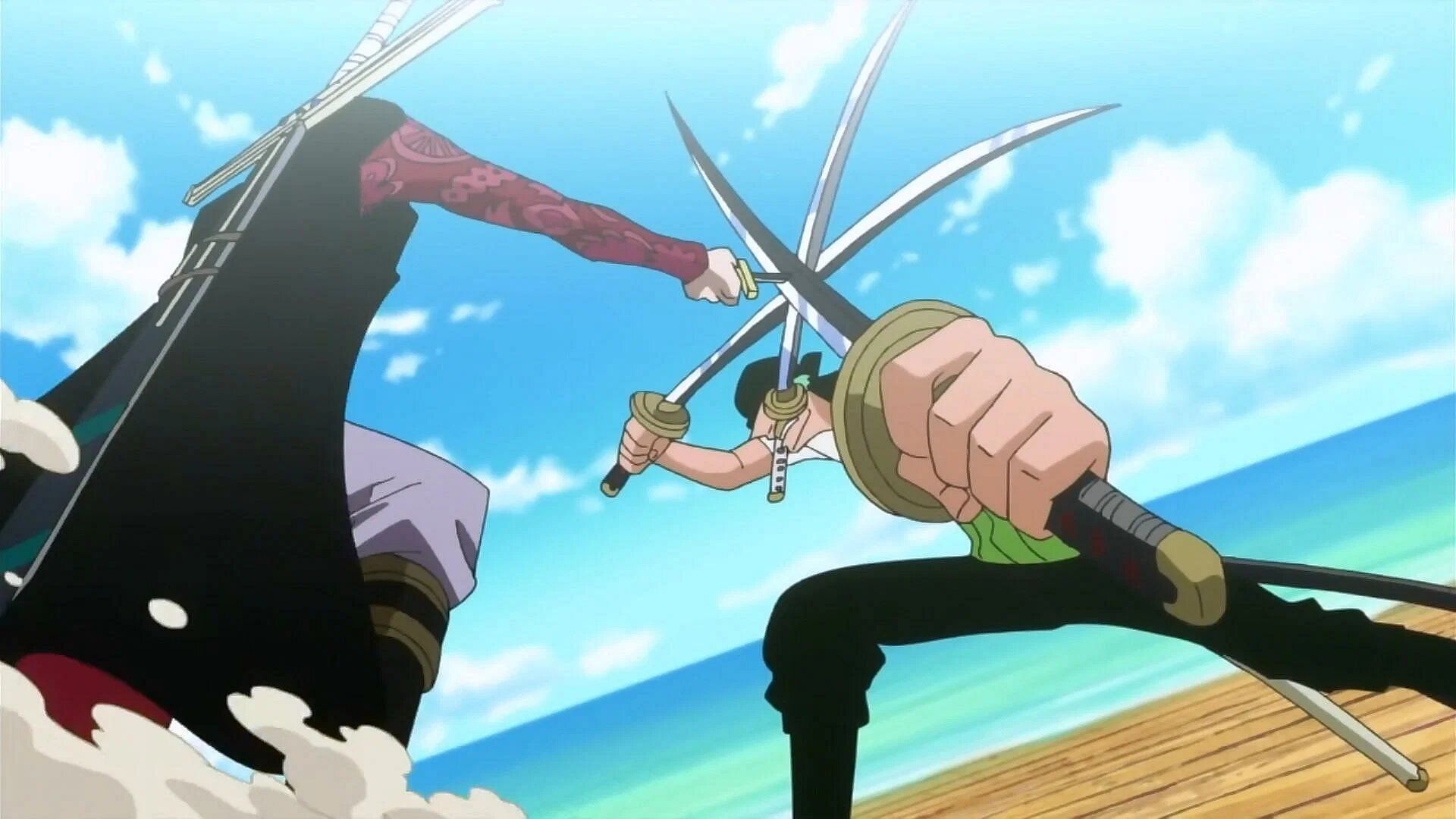 Zoro fighting Mihawk in the anime (Image via Toei Animation).