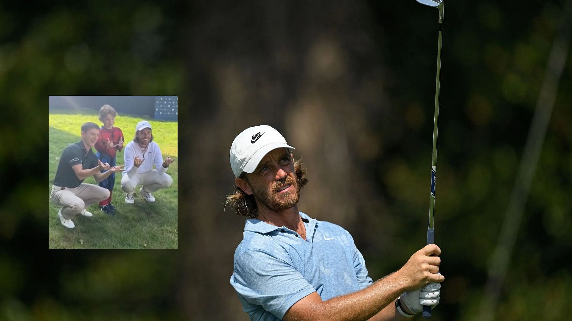 Tommy Fleetwood with his son Frankie and Tom Holland (Photo by Ben Jared/PGA TOUR via Getty Images)