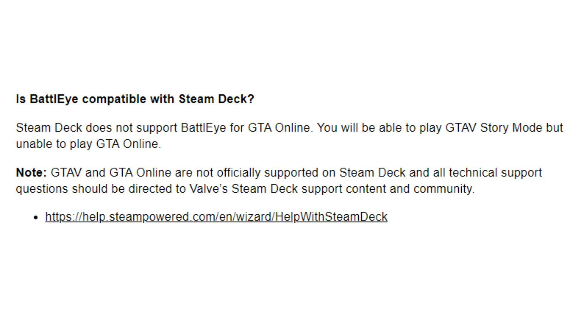 A screenshot of the Rockstar Games Support page mentioning the Steam Deck compatibility (Image via Rockstar Games Support)