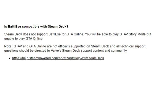 A screenshot of the Rockstar Games Support page mentioning the Steam Deck compatibility (Image via Rockstar Games Support)