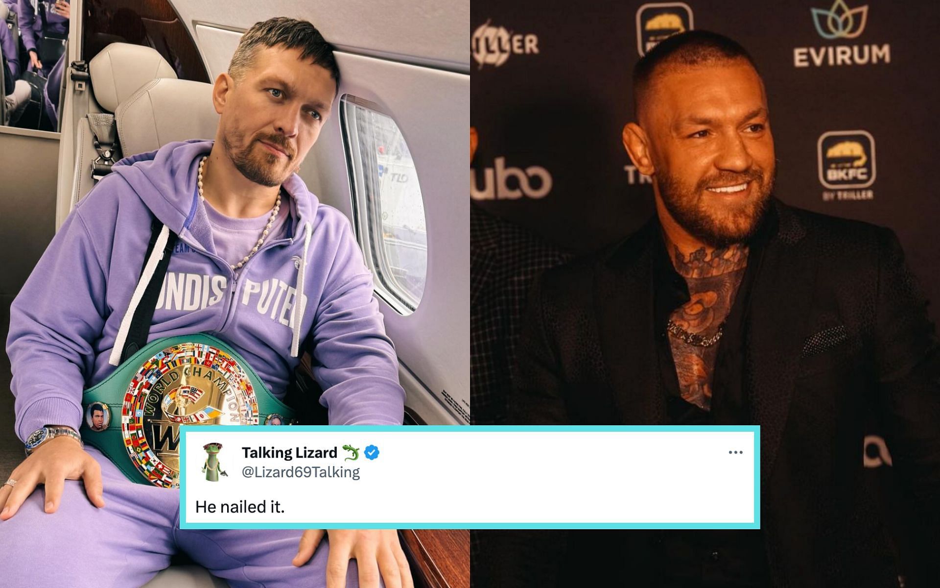 Oleksandr Usyk (left) mocks Conor McGregor