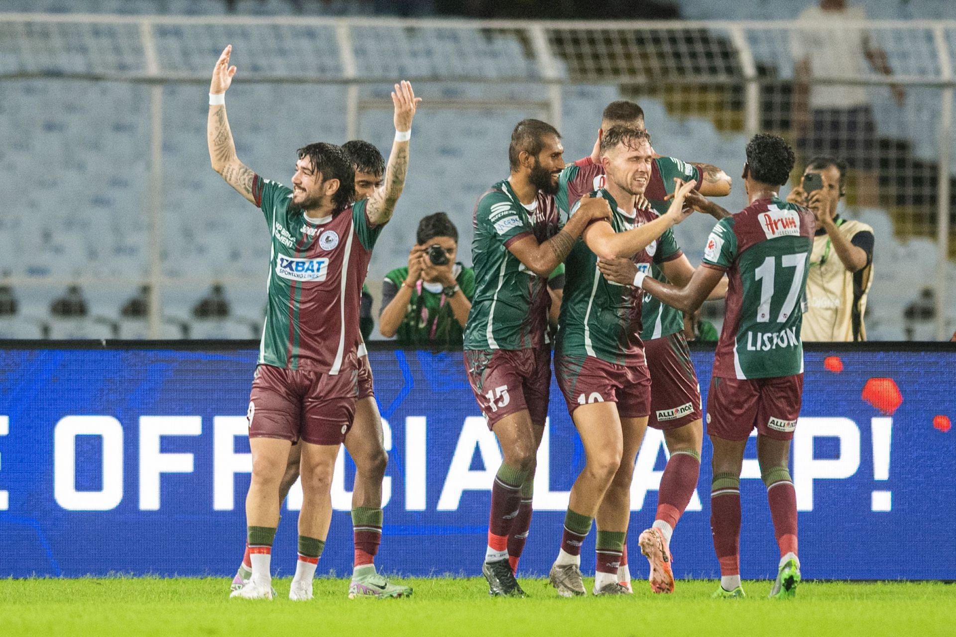 Mohun Bagan players celebrate after scoring the second goal 