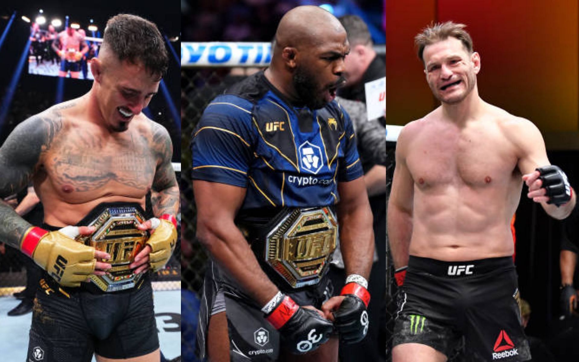 Tom Aspinall (left) shares who he wants to face if winner of Jon Jones (center) vs. Stipe Miocic (right) retires [Image credits: Getty Images]