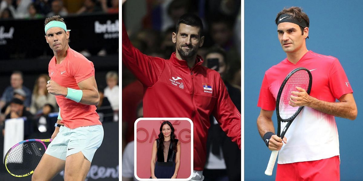 Rafael Nadal (L), Novak Djokovic (C), Roger Federer (R), Alize Lim (in set); ( Source - Getty Images)