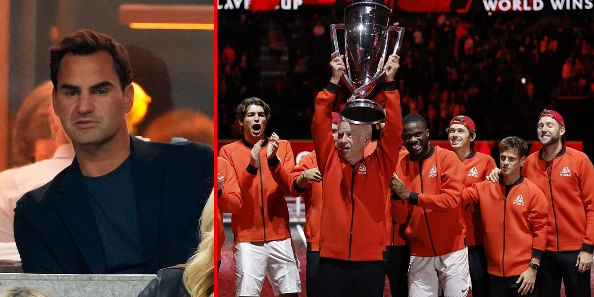 Roger Federer (L) Team Europe lifting the Laver Cup 2022 (R) | Getty