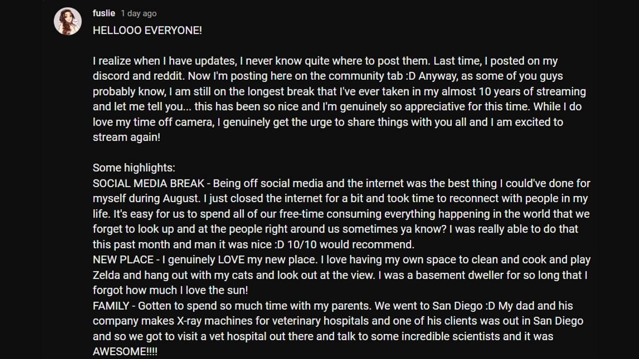 Fuslie spoke about her time away from YouTube in a community post (Image via fuslie/YouTube)