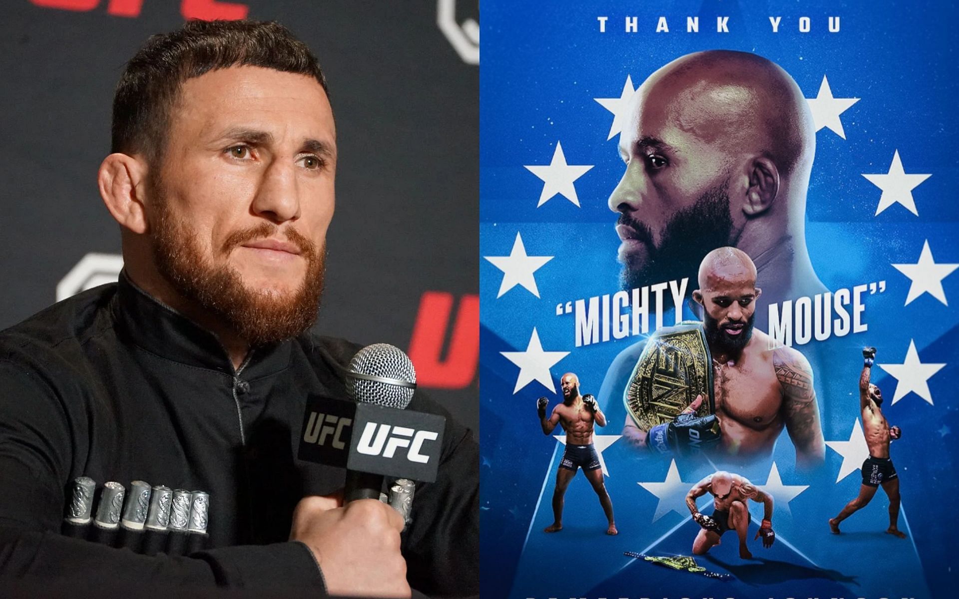 Merab Dvalishvili (left) shares two-words in reaction to Demetrious Johnson (right) retiring from MMA [Images courtesy: Getty Images, @mighty and @onechampionship on Instagram]