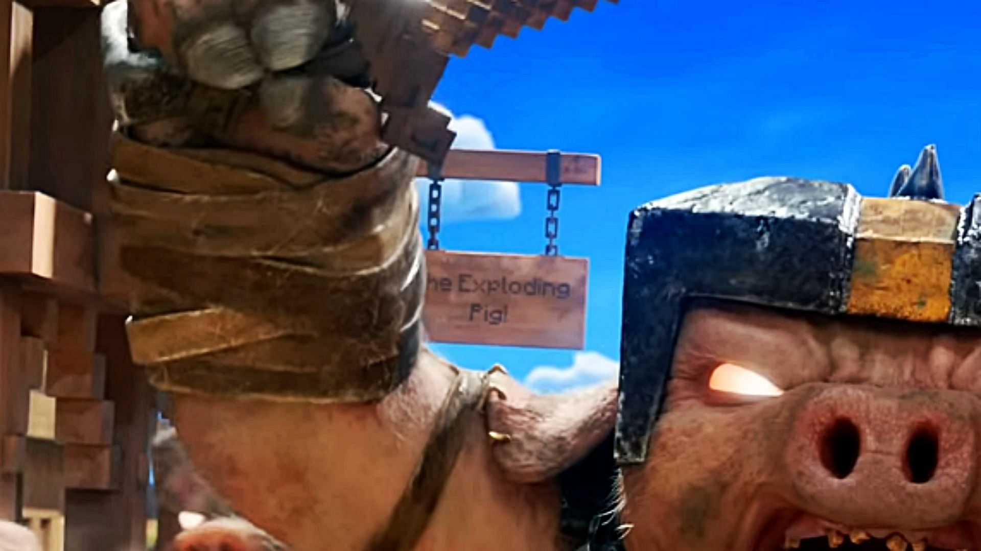 The Exploding Pig sign in one of the shots (Image via YouTube/Warner Bros)