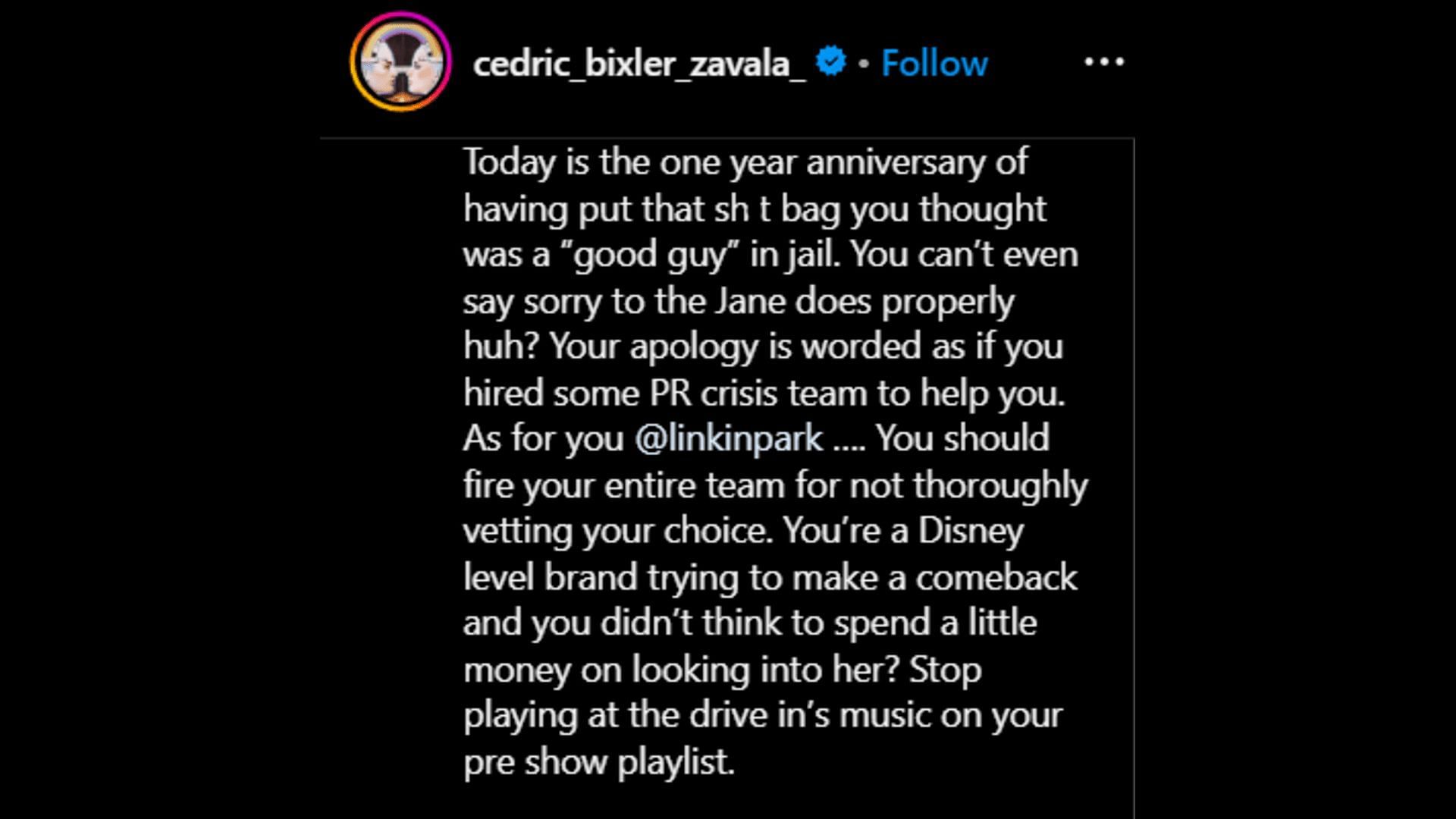 Cedric Bixler-Zavala slamming Linkin Park for taking Emily Armstrong on board. (Image via Instagram/ cedric_bixler_zavala)