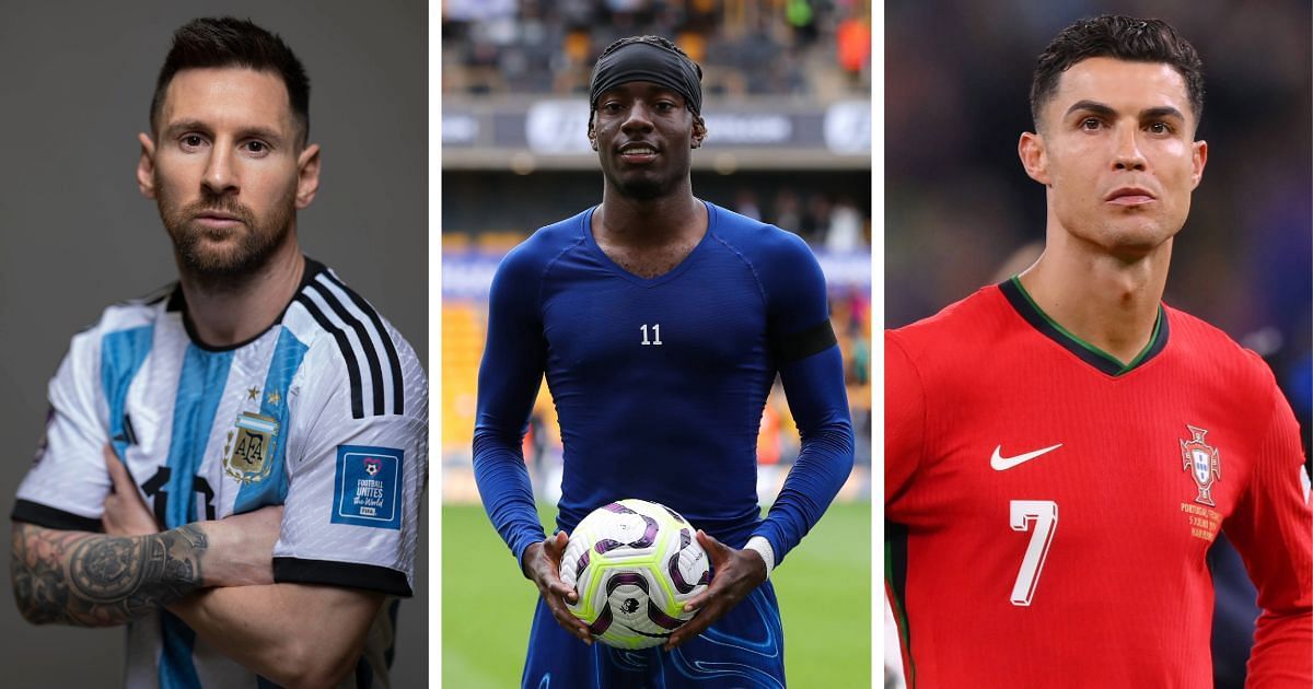 Lionel Messi (left), Noni Madueke (center), Cristiano Ronaldo (right) (image via Getty))