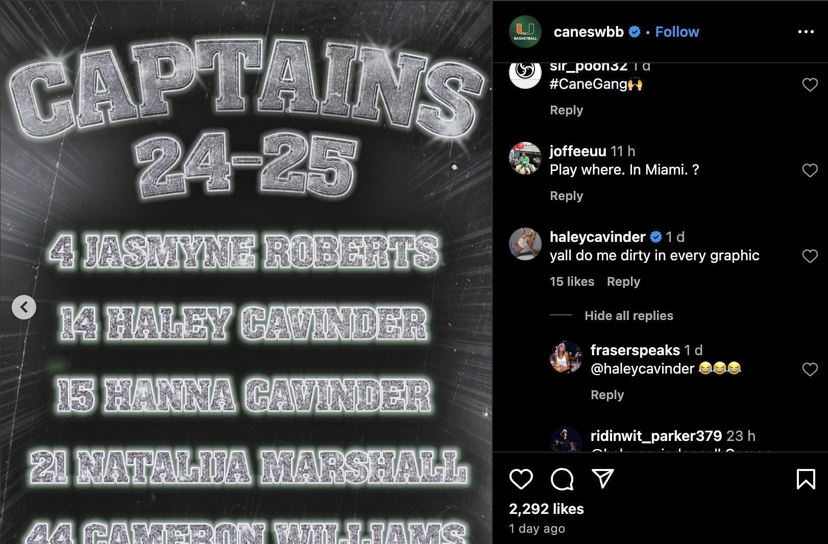 Haley Cavinder&#039;s comment on Miami poster (Credits: Instagram/@caneswbb)