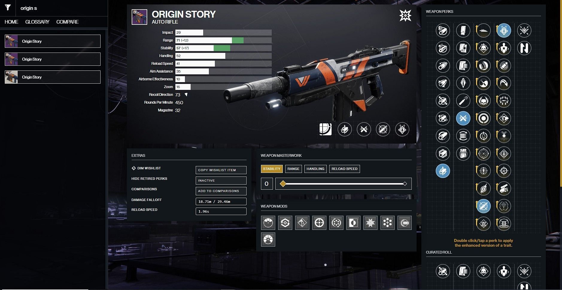 Origin Story PvE god roll (Image via D2Gunsmith/Bungie)