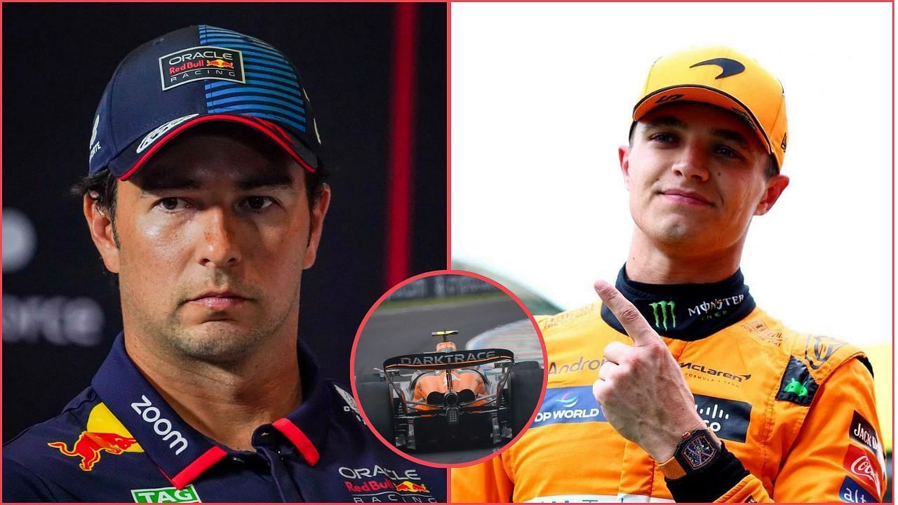 Sergio Perez of Red Bull and Lando Norris of McLaren (from Left). McLaren MCL38 (circle). Credit: Getty Images