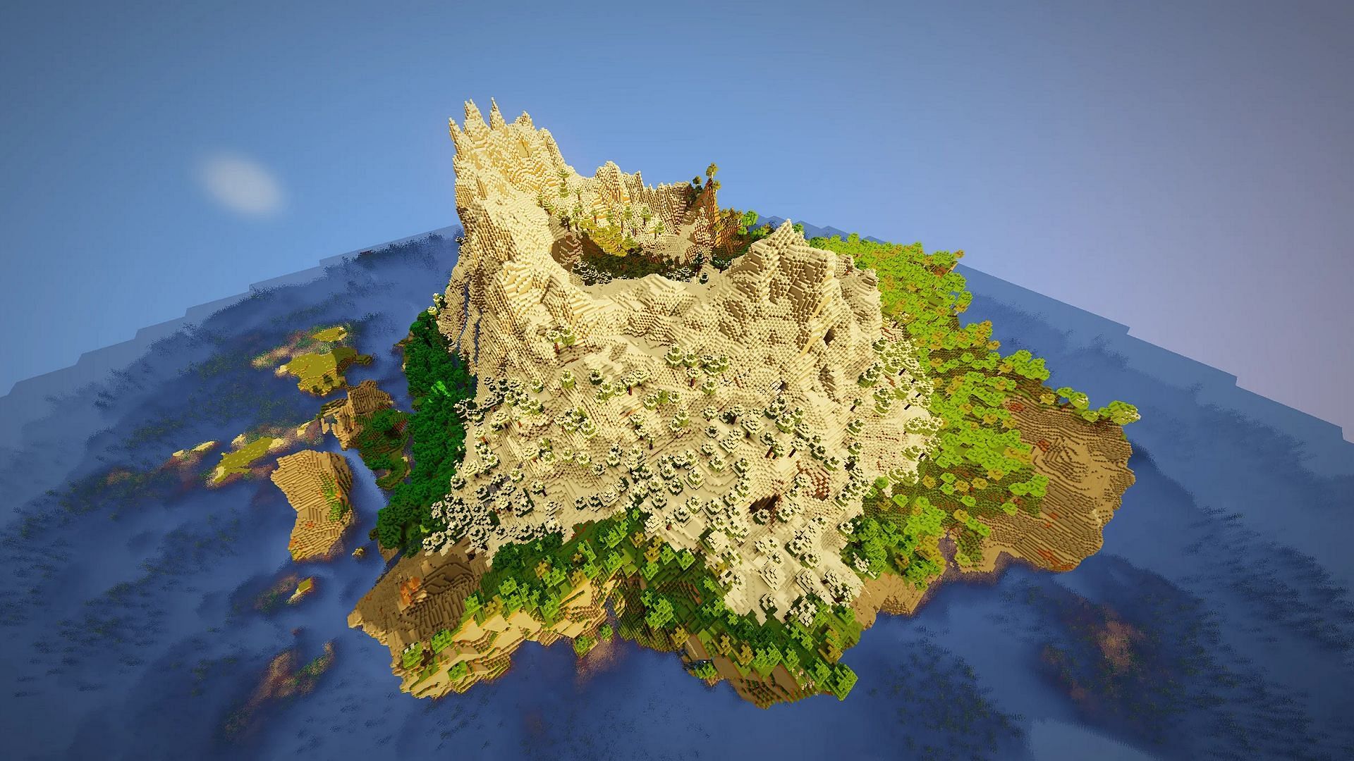 This island creates beautiful Minecraft vistas without much help (Image via u/Benzdrivingguy/Reddit)