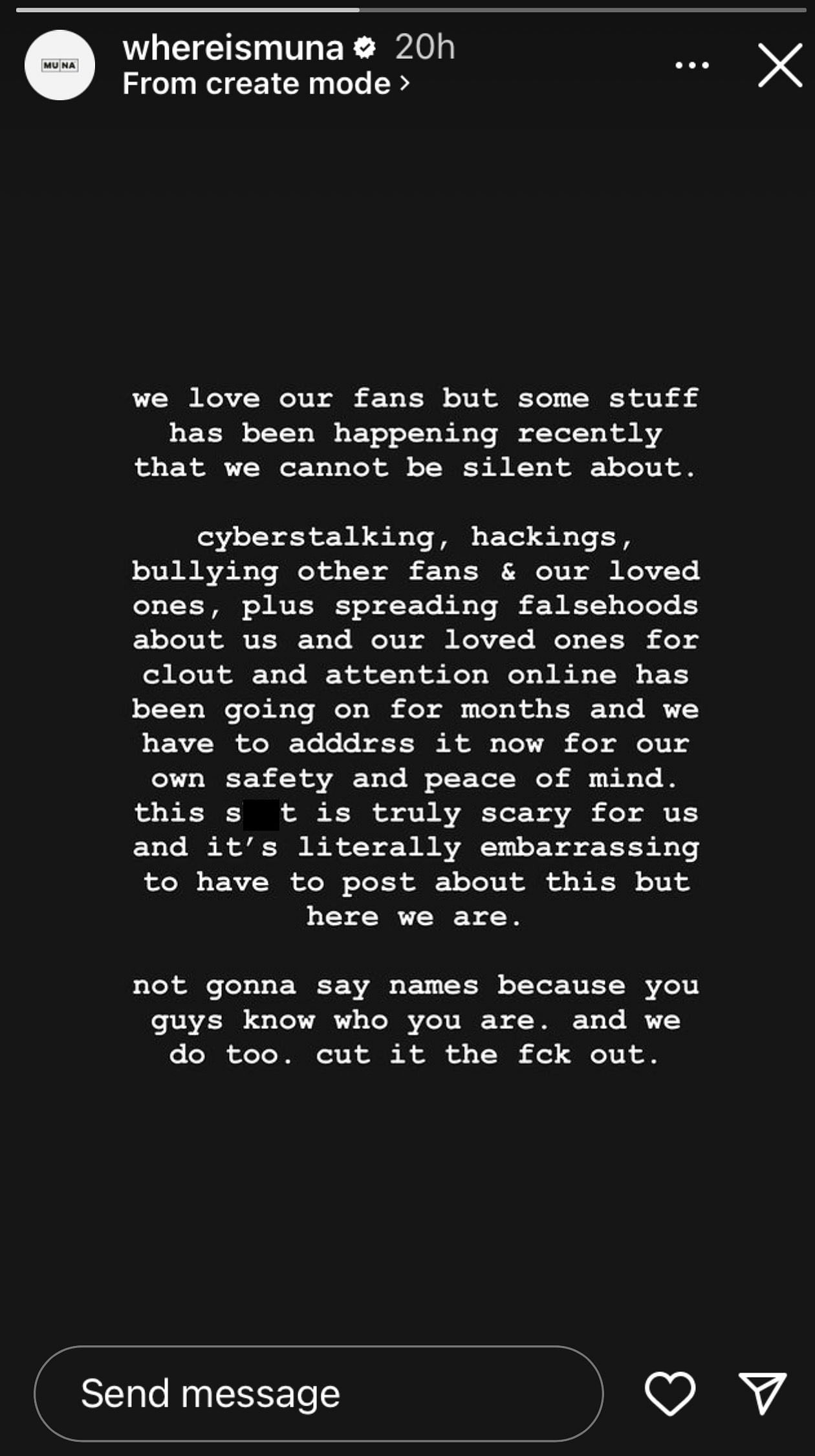 MUNA&#039;s statement about fans&#039; behavior (Image via @whereismuna/Instagram)