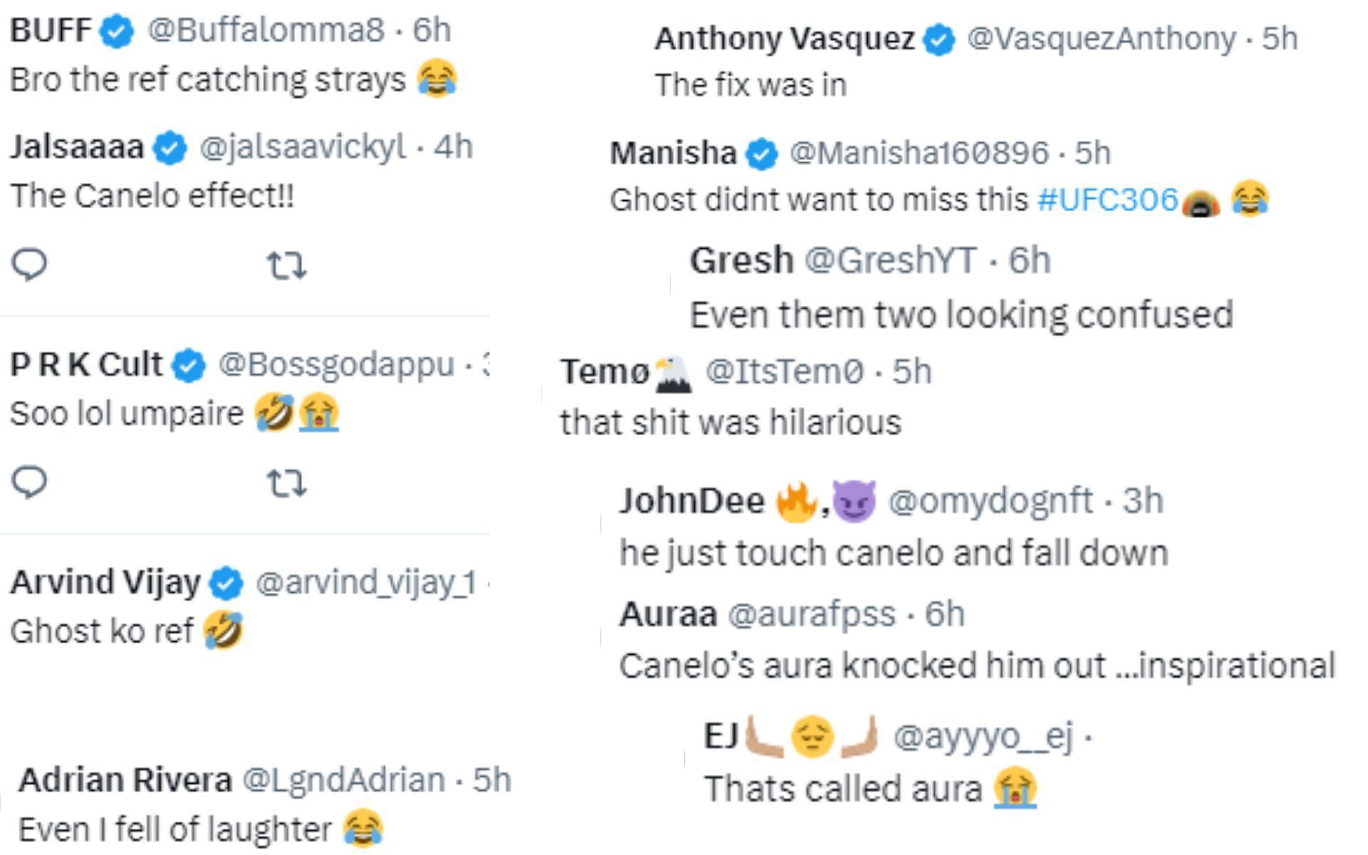 Screenshot of fan reactions to referee falling during Alvarez vs. Berlanga