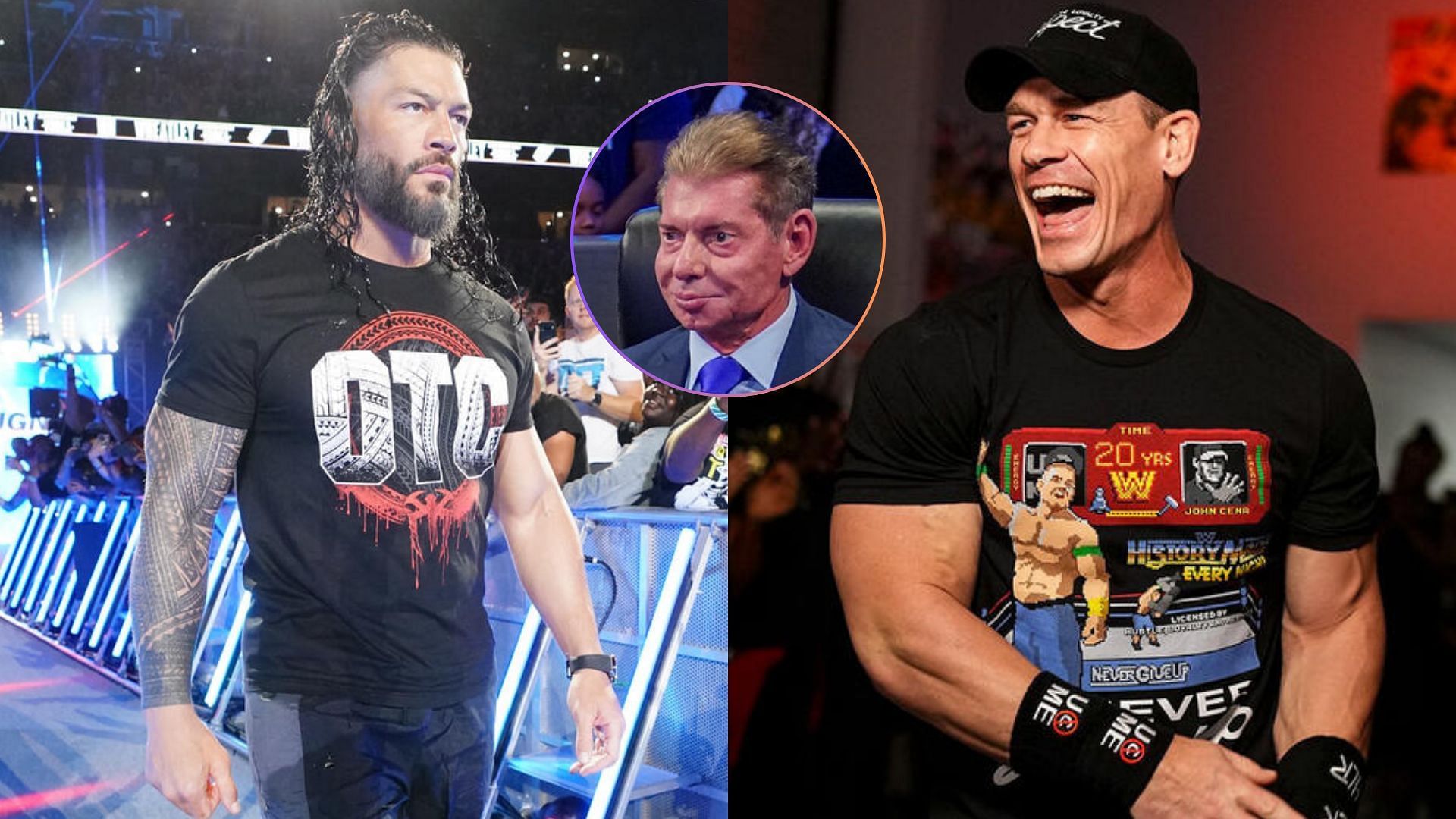 Roman Reigns, Vince McMahon, and John Cena.