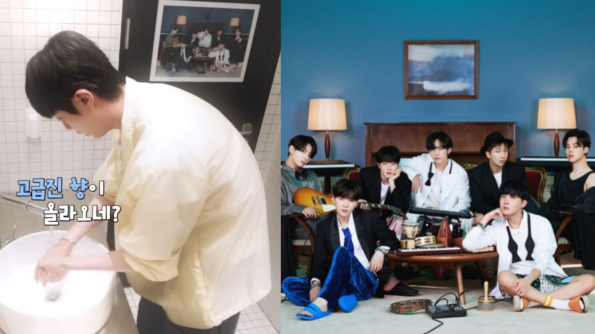 Fans chuckle after noticing BTS photo on bathroom door in the latest RUN JIN episode (Images via YouTube/@BANGTANTV &amp; Weverse)