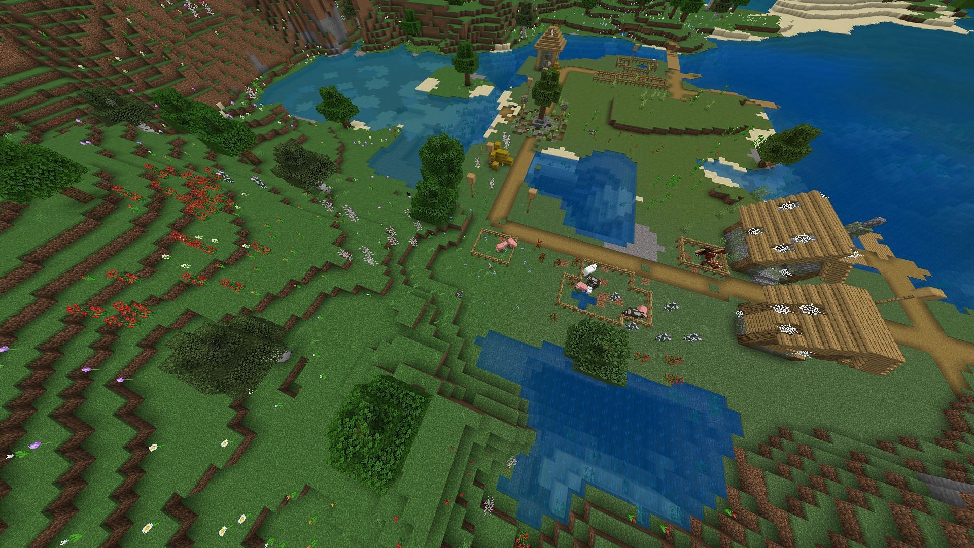 Flower forests are flanked by an abandoned village in this Minecraft seed (Image via Mojang)