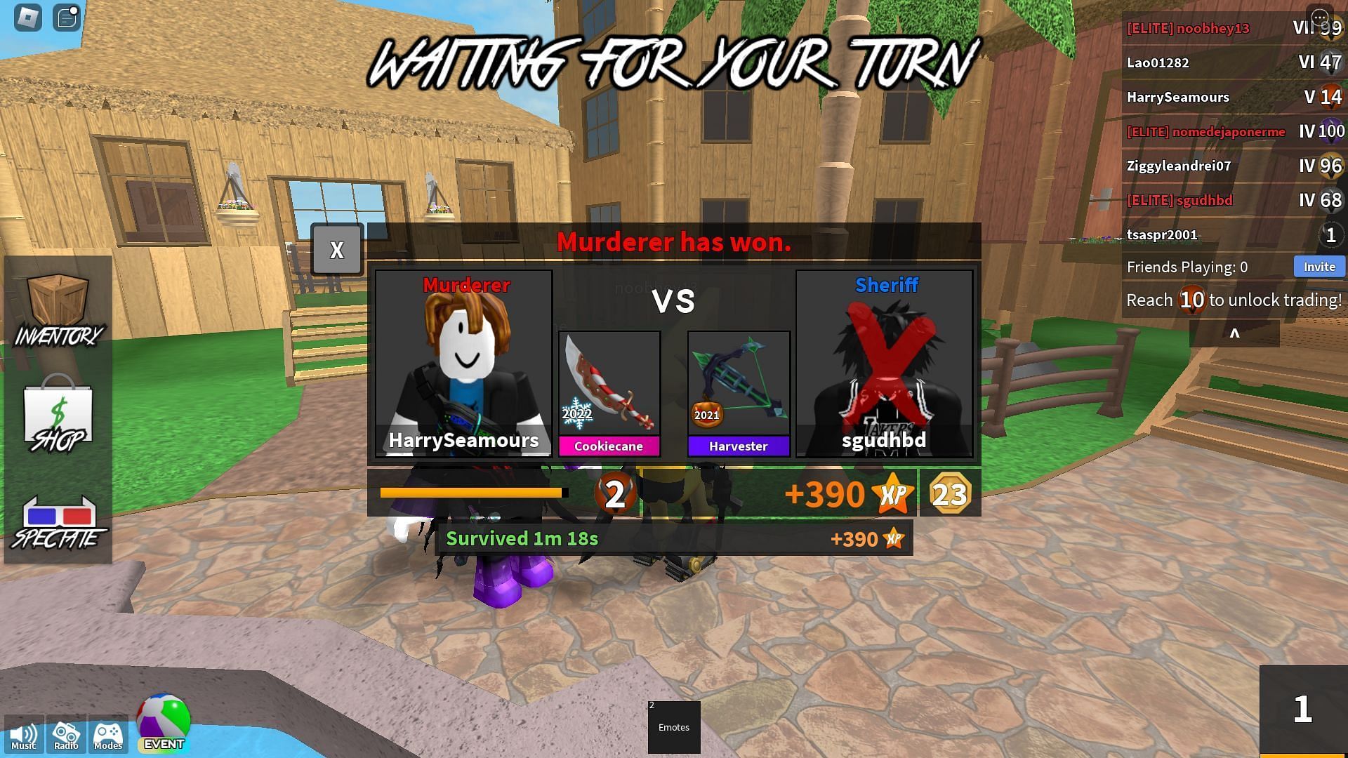 Murderer won by eliminating the Sherrif (Image via Roblox)