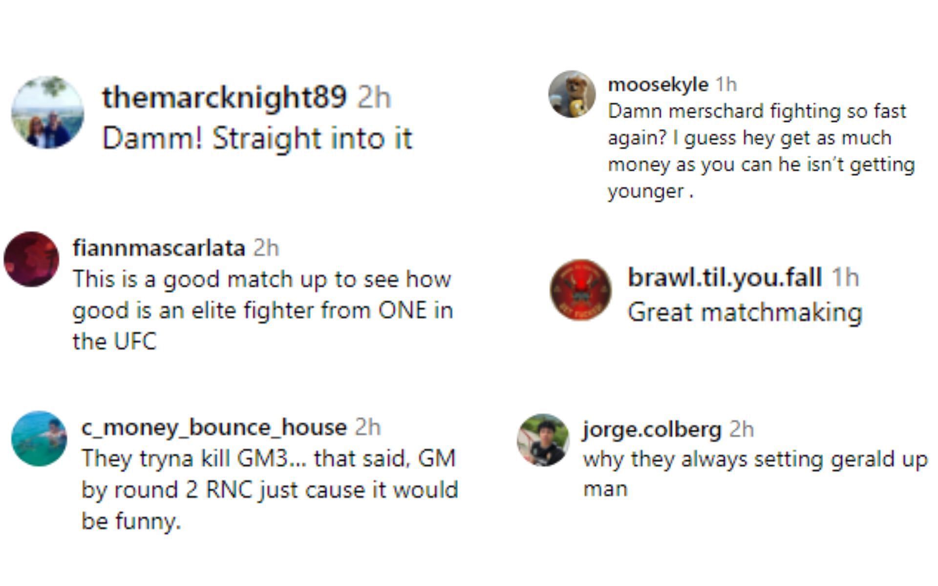 Fans reaction comments regarding de Ridder vs. Meerschaert [Image courtesy: @mmajunkie and @deriddermma - Instagram]