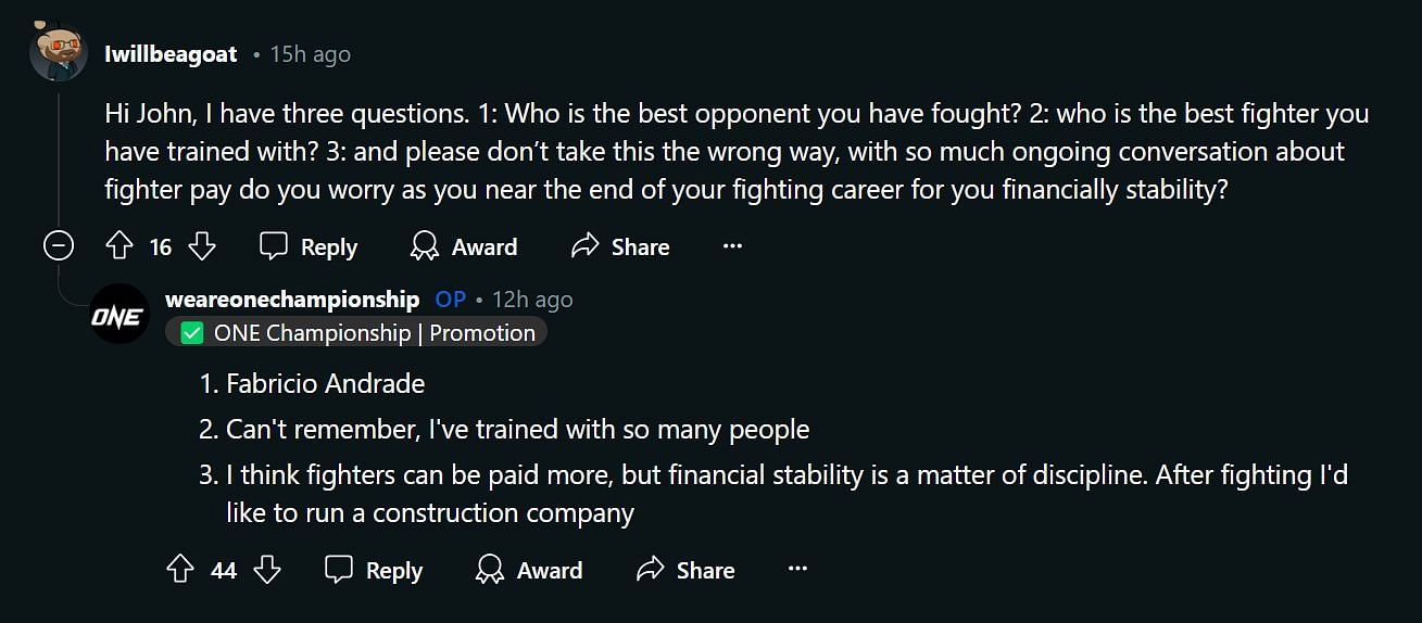 John Lineker names Fabricio Andrade as his best opponent during an AMA on the r/MMA subreddit.