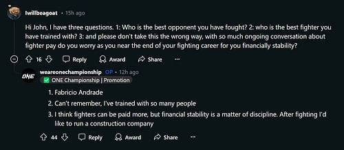 John Lineker names Fabricio Andrade as his best opponent during an AMA on the r/MMA subreddit.