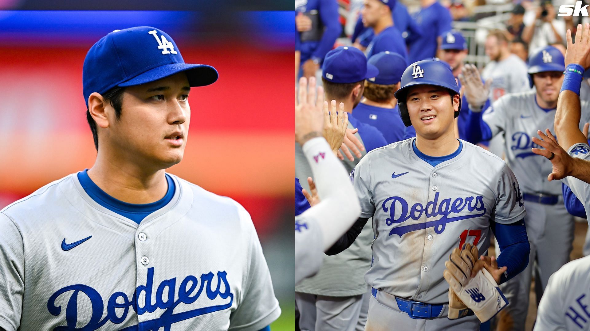 Shohei Ohtani of the Los Angeles Dodgers reacts after scoring off a Freddie Freeman home run against the Atlanta Braves at Truist Park (Source: Getty)