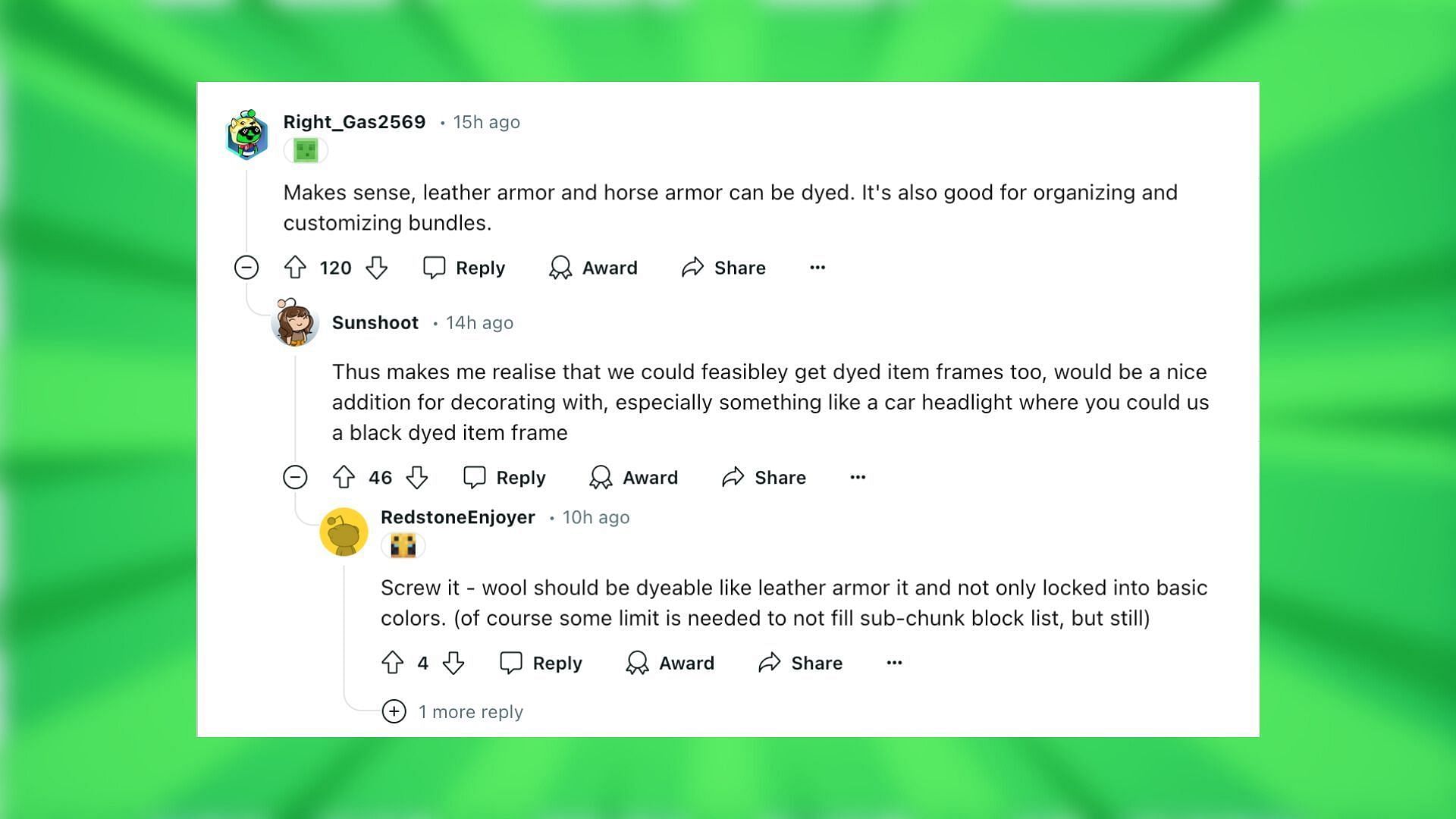 Reddit reacts to dyeable bundles (Image via Reddit/JoeFly2009/Mojang Studios)