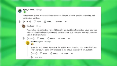 Reddit reacts to dyeable bundles (Image via Reddit/JoeFly2009/Mojang Studios)