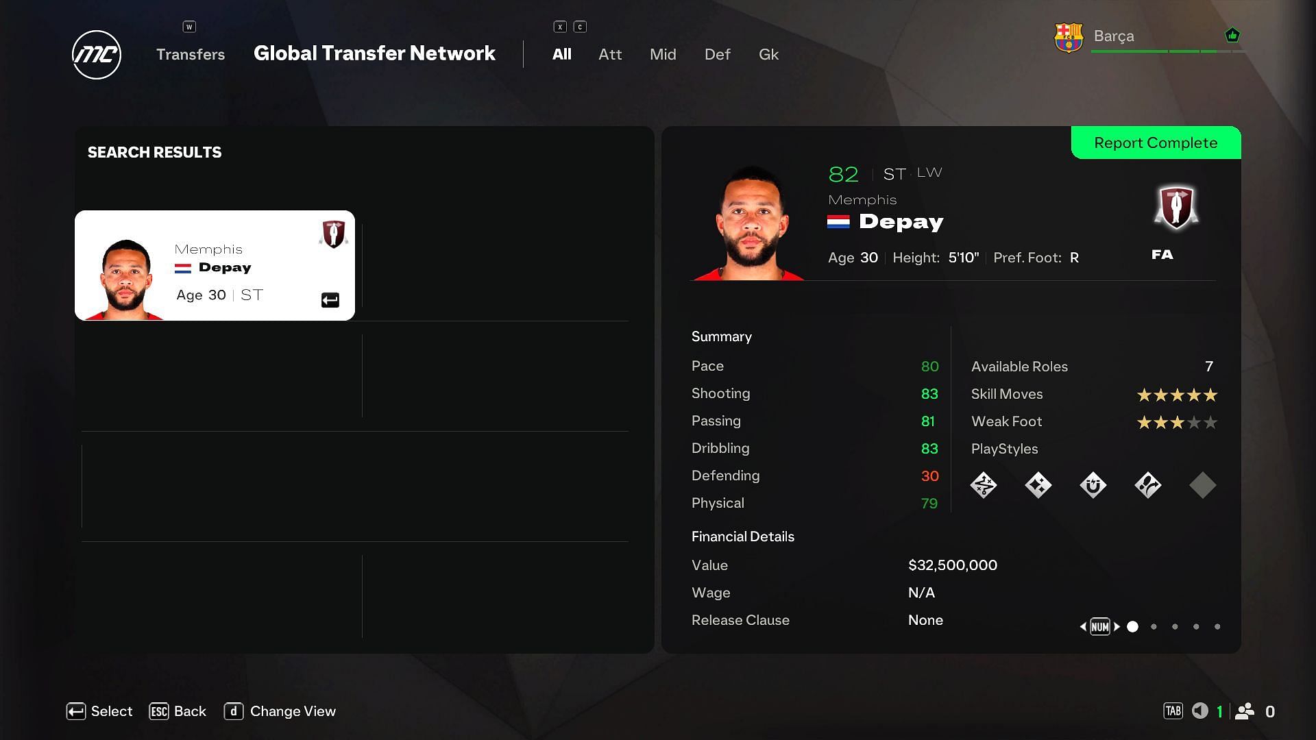 Depay&#039;s player profile (Image via EA)