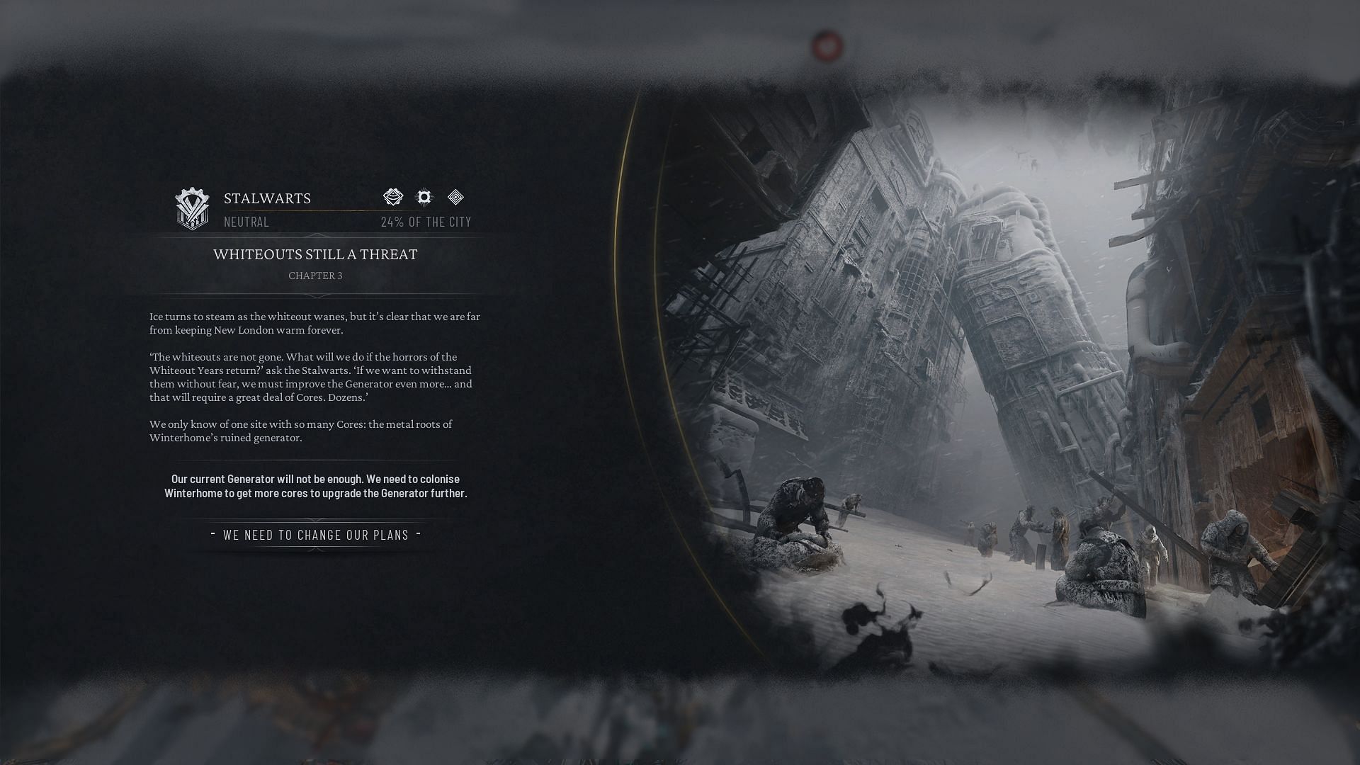 Siding with Stalwards to Defeat the Frost in Frostpunk 2 (Image via 11 bit Studios)